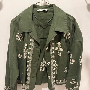 ZARA Olive Green Embroidered Button-Front Jean Jacket